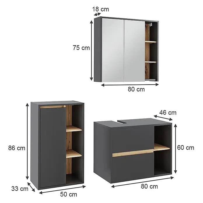 Badmöbel-Set Viola 80 cm Grau Art.-Nr. 55226 -  - Set aus drei grauen Badmöbeln mit Holz-Akzenten: ein Spiegelschrank, ein Hochschrank und ein Waschtischunterschrank. Maße angegeben.