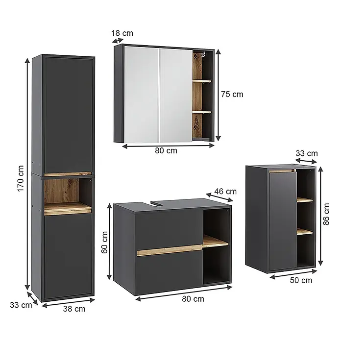 Vicco Badmöbel-Set Viola Grau/Artisan 4 Teile - Grau, Matt - Set dunkelgrauer Badmöbel mit Holzdetails, bestehend aus Hochschrank, Spiegelschrank, Waschtischunterschrank und Midi-Schrank.