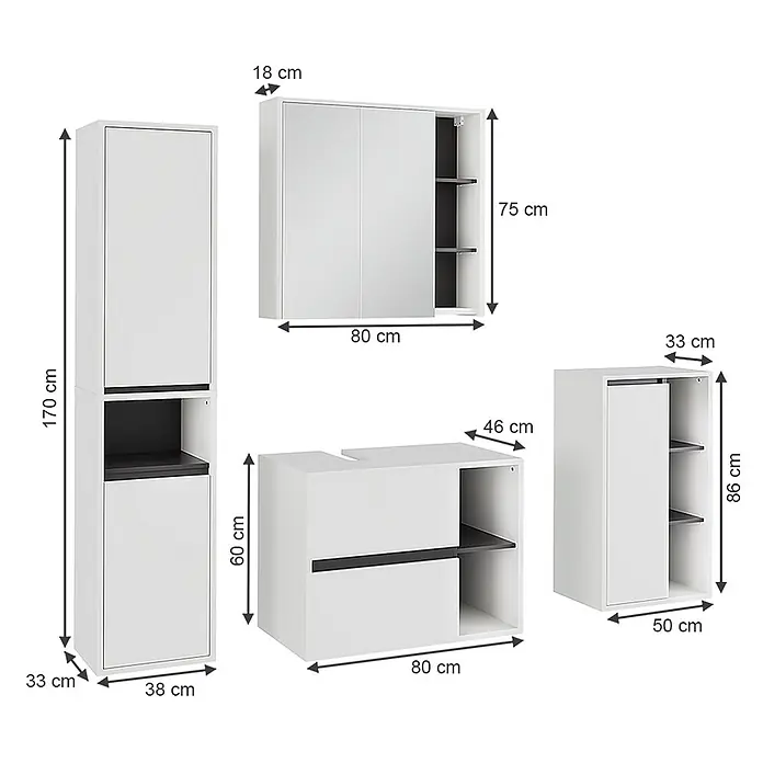 Badmöbel-Set Viola 80 cm Weiß Art.-Nr. 55230 -  - Set moderner, weiß-dunkelgrauer modularer Aufbewahrungsschränke in verschiedenen Konfigurationen.