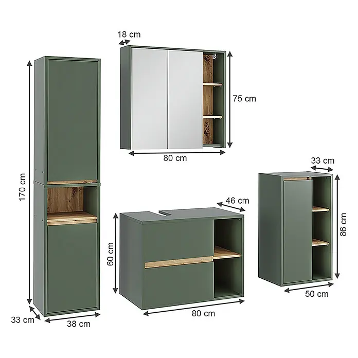 Vicco Badmöbel-Set Viola Grün/Artisan 4 Teile - Grün, Matt - Grüne Badmöbel mit Holzdetails: hoher Schrank, Spiegelschrank, Waschtischunterschrank und Beistellschrank.