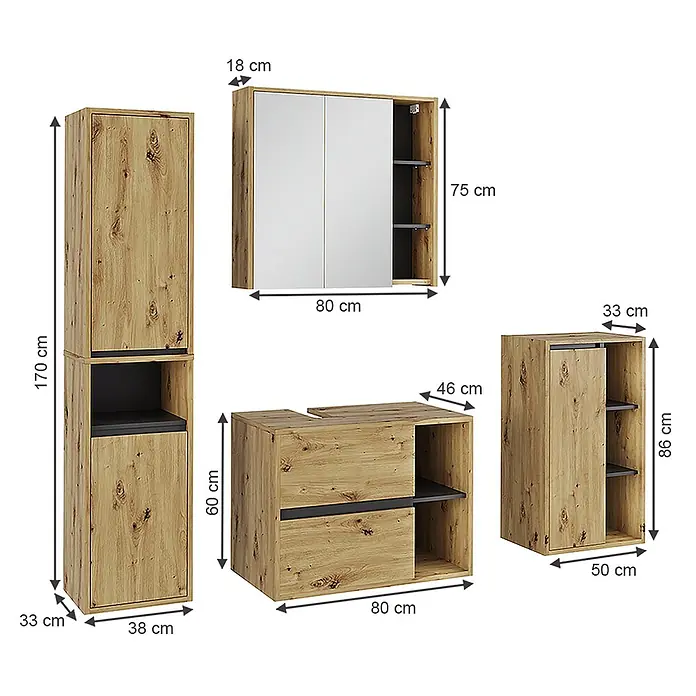 Vicco Badmöbel-Set Viola Artisan/Grau 4 Teile - Artisan-Eiche, Matt - Modernes Badezimmermöbel-Set aus hellem Holz mit dunklen Akzenten, bestehend aus Hoch-, Waschtisch-, Wand- und Beistellschränken im rustikalen Holz-Look.