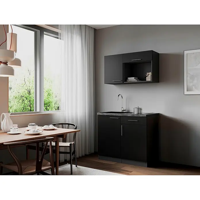 Respekta Oliver Miniküche - Breite: 100 cm, Schwarz, Kochfeld - Schwarze Kompaktküche mit integrierter Spüle und Kochfeld, ideal für kleine Räume.