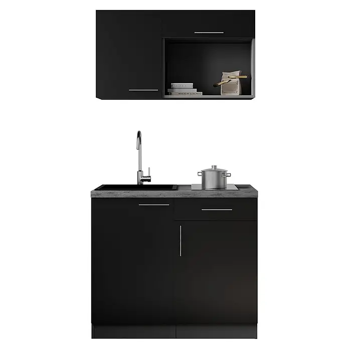 Respekta Oliver Miniküche - Breite: 100 cm, Schwarz, Kochfeld - Modulare schwarze Küchenzeile mit Oberschränken, offenem Regal, Spüle und Kochfeld.