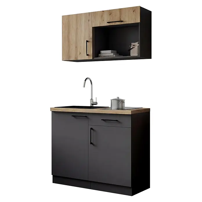 Respekta Oliver Miniküche - Breite: 100 cm, Grau/Holz, Kochfeld - Moderne Küchenzeile mit Holzoptik-Türen, dunkelgrauen Schränken, Holz-Arbeitsplatte, Spüle und Kochplatte.