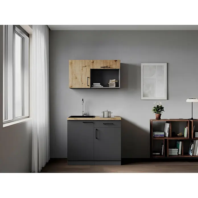 Respekta Oliver Miniküche - Breite: 100 cm, Grau/Holz, Kochfeld - Kompakte dunkelgraue Küchenzeile mit Holzoptik-Arbeitsplatte und passendem Hängeschrank in einem modernen Raum.
