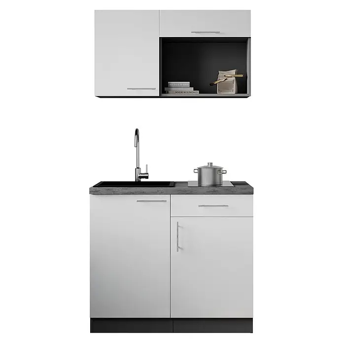 Respekta Oliver Miniküche - Breite: 100 cm, Weiß, Kochfeld - Weiße Kompaktküche mit dunkelgrauer Arbeitsplatte, Spüle, Chromarmatur, Induktionskochfeld, Topf und Oberschränken mit offenem Regal.