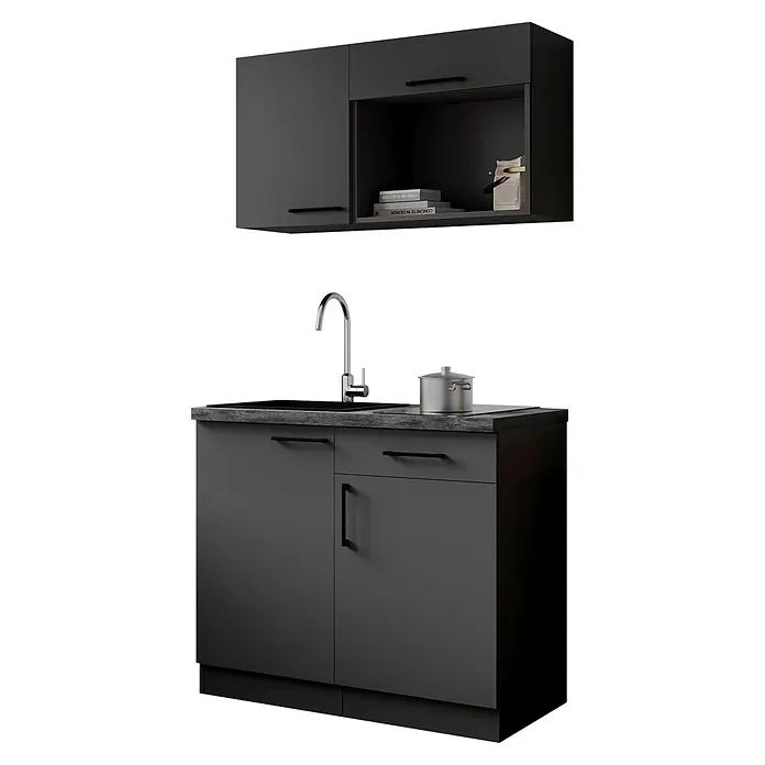 Respekta Oliver Miniküche - Breite: 100 cm, Grau, Kochfeld - Dunkelgraue modulare Küchenzeile mit schwarzem Waschbecken, Chromarmatur, offenem Regal und Schränken.