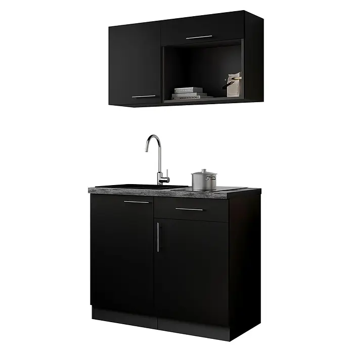 Respekta Oliver Miniküche - Breite: 100 cm, Schwarz, Kochfeld - Schwarzer Küchenspülenunterschrank mit grauer Arbeitsplatte, Spüle, Wasserhahn und passendem schwarzem Oberschrank.
