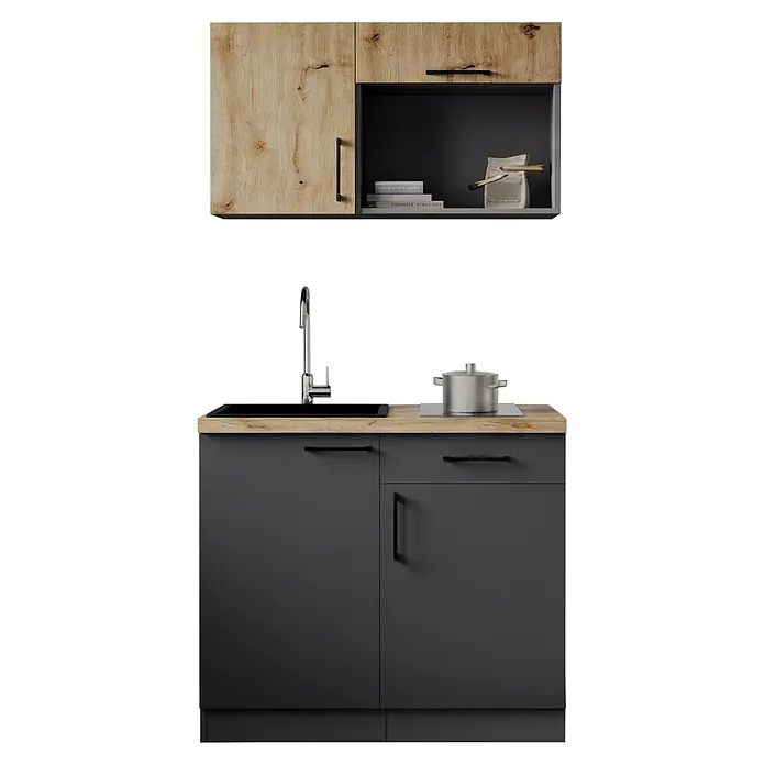 Respekta Oliver Miniküche - Breite: 100 cm, Grau/Holz, Kochfeld - Moderne Küchenzeile mit hellen Holzoberschränken und dunkelgrauen Unterschränken, inklusive Spüle, Wasserhahn und Kochfeld.