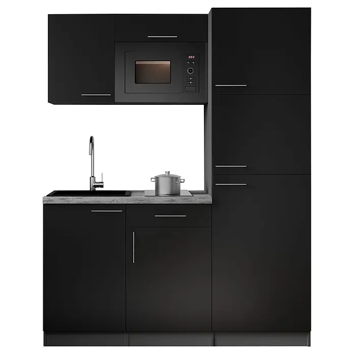 Respekta Oliver Singleküche - Breite: 160 cm, Schwarz, Kochfeld | Kühlschrank | Mikrowelle - Schwarze Küchenzeile mit grauer Arbeitsplatte, integrierter Mikrowelle, Spüle und Kochfeld mit Topf.