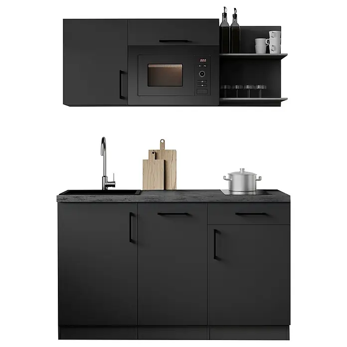 Respekta Oliver Miniküche - Breite: 145 cm, Grau, Kochfeld | Geschirrspüler | Mikrowelle - Moderne schwarze Küchenzeile mit integrierter Mikrowelle, Spüle und Kochfeld, dunkler Arbeitsplatte und minimalistischem Design.