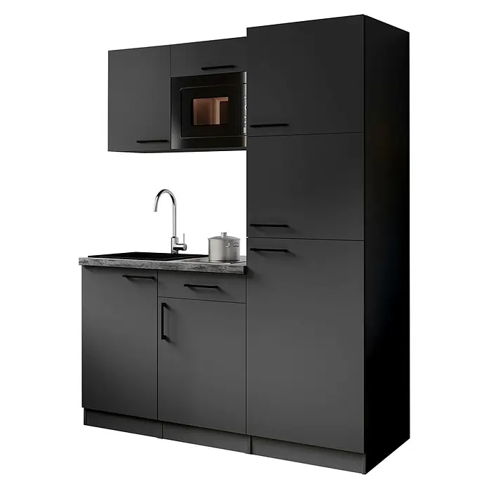 Respekta Oliver Singleküche - Breite: 160 cm, Grau, Kochfeld | Kühlschrank | Mikrowelle - Dunkelgraue modulare Küchenzeile mit Spüle, Wasserhahn und Mikrowelle, mit Unter- und Oberschränken.