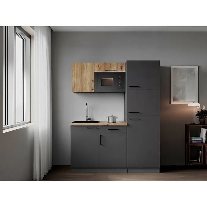 Respekta Oliver Singleküche - Breite: 160 cm, Grau/Holz, Kochfeld | Kühlschrank | Mikrowelle - Kompakte Küchenzeile in Dunkelgrau mit Holzoptik-Oberschrank und Arbeitsplatte, integrierter Mikrowelle, Spüle und Kochfeld.