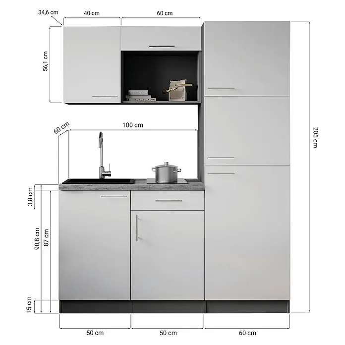 Respekta Oliver Singleküche - Breite: 160 cm, Schwarz, Kochfeld | Kühlschrank | Mikrowelle - Weiße Küchenzeile mit Spüle, Kochfeld und Hängeschränken, inklusive Maße.