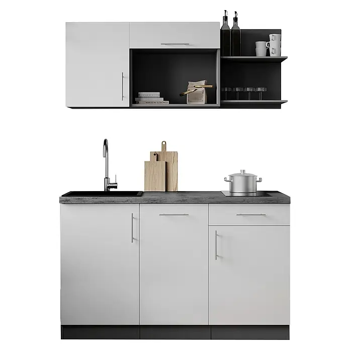 Respekta Oliver Miniküche - Breite: 145 cm, Weiß, Kochfeld | Geschirrspüler - Moderne weiß-graue Küchenschränke mit Spüle, Kochfeld und Kochequipment: Schneidebretter, Flaschen, Tassen und ein Topf.