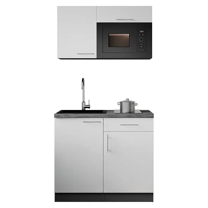 Respekta Oliver Miniküche - Breite: 100 cm, Weiß, Kochfeld | Mikrowelle - Moderne weiße Küchenzeile mit integrierter schwarzer Mikrowelle, Spüle, Wasserhahn und Kochfeld mit Topf auf dunkler Arbeitsplatte.