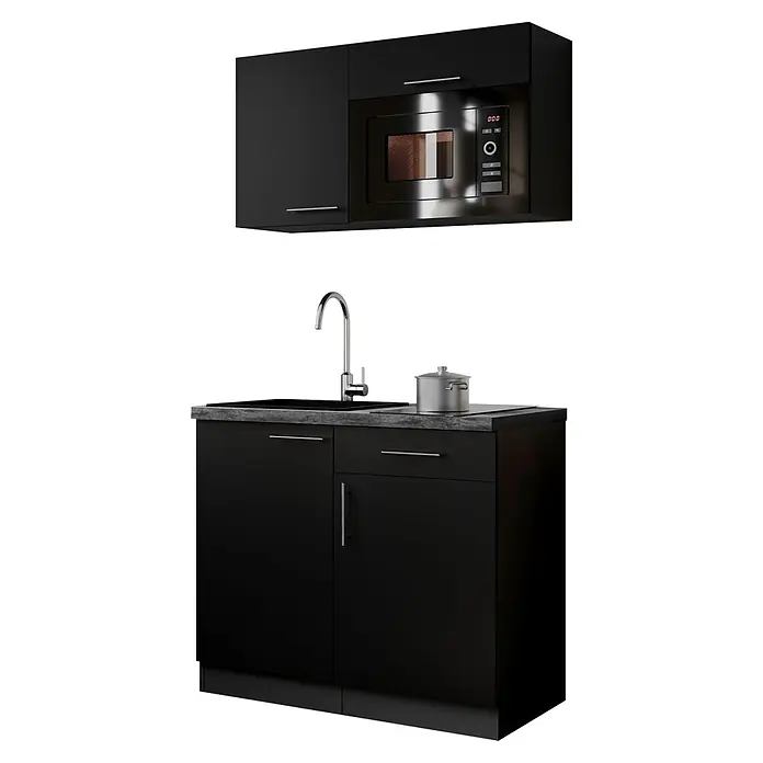 Respekta Oliver Miniküche - Breite: 100 cm, Schwarz, Kochfeld | Mikrowelle - Schwarze Küchenschränke mit Spüle, Chromarmatur, Topf und integrierter Mikrowelle.