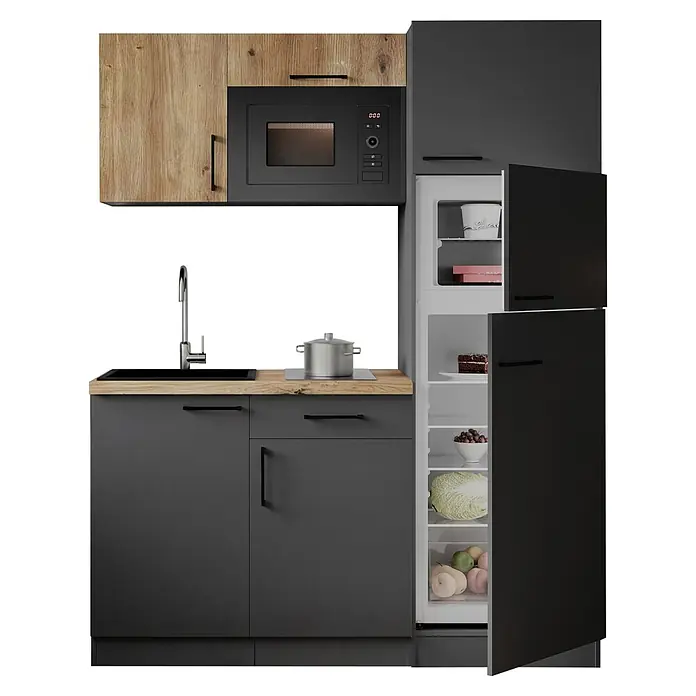 Respekta Oliver Singleküche - Breite: 160 cm, Grau/Holz, Kochfeld | Kühlschrank | Mikrowelle - Dunkelgraue Kompaktküche mit Holzplatte, schwarzem Waschbecken, integrierter Mikrowelle und offenem Kühlschrank mit schwarzen Fronten.