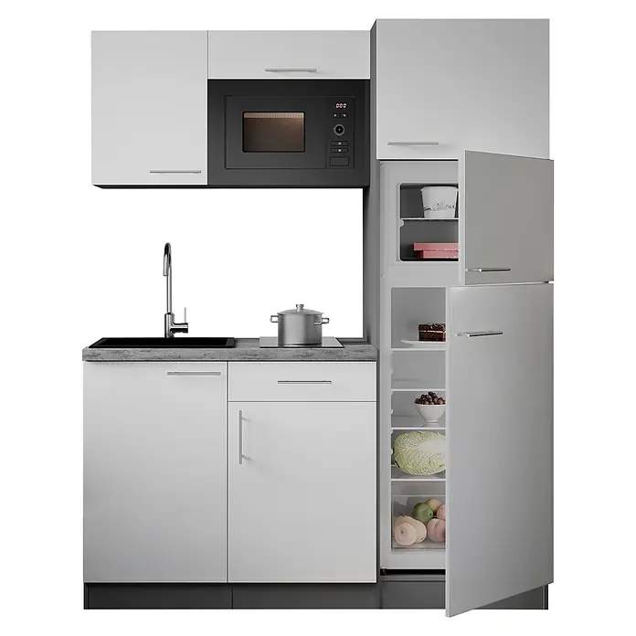 Respekta Oliver Singleküche - Breite: 160 cm, Weiß, Kochfeld | Kühlschrank | Mikrowelle - Moderne Kompaktküchenzeile mit weißen Schränken, eingebauter Mikrowelle, Spüle und offenem integrierten Kühlschrank.