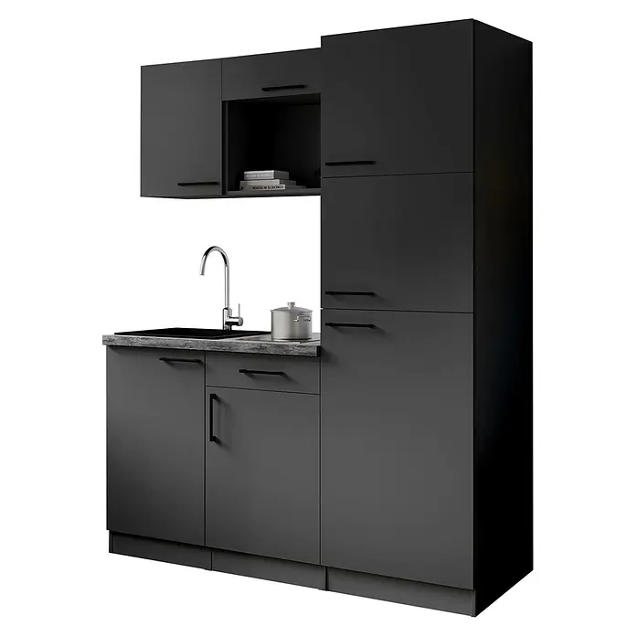 Respekta Oliver Singleküche - Breite: 160 cm, Grau, Kochfeld | Kühlschrank - Elegante dunkelgraue Küchenzeile mit Spüle und Wasserhahn, bestehend aus Ober- und Unterschränken.