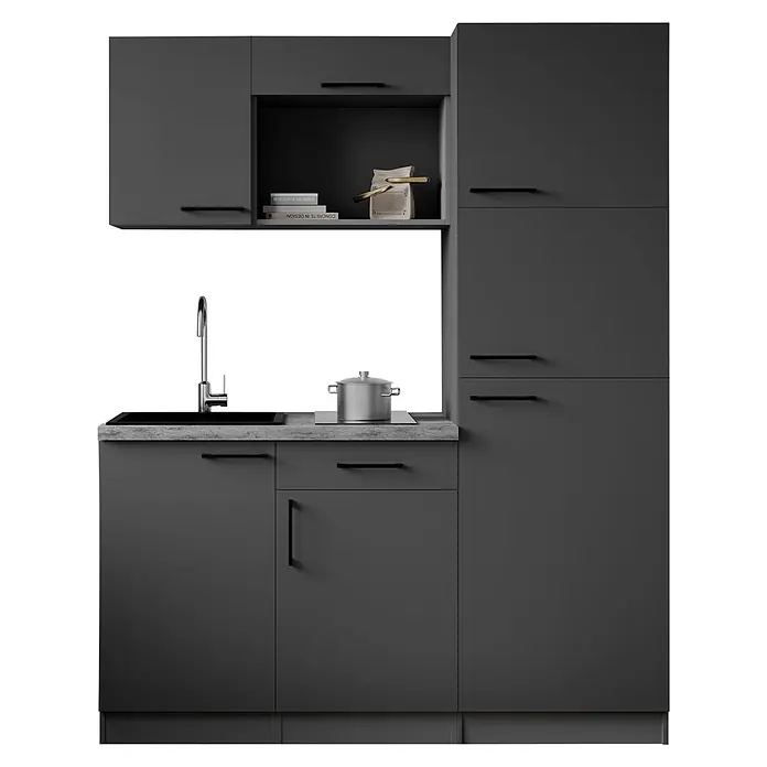 Respekta Oliver Singleküche - Breite: 160 cm, Grau, Kochfeld | Kühlschrank - Dunkelgraue modulare Küchenzeile mit Spüle, Wasserhahn, Kochfeld und Oberschränken mit offenem Regal.