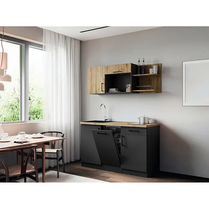 Respekta Oliver Miniküche - Breite: 145 cm, Grau/Holz, Kochfeld | Geschirrspüler - Moderne Küche mit dunkelgrauen Schränken, Arbeitsplatte aus Holz, Spüle und integriertem Geschirrspüler. Obere Wandschränke und Essbereich.
