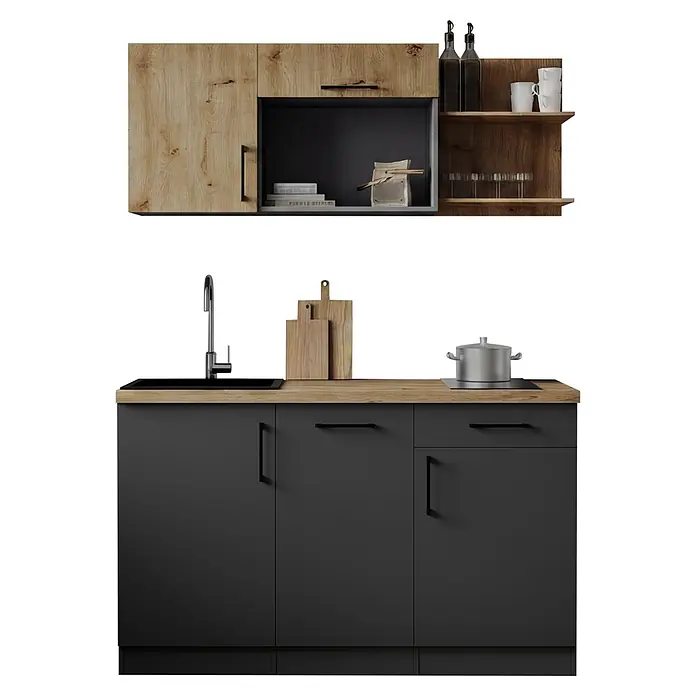 Respekta Oliver Miniküche - Breite: 145 cm, Grau/Holz, Kochfeld | Geschirrspüler - Moderne Küche mit hellen Holz-Oberschränken und dunkelgrauen Unterschränken, Arbeitsplatte aus Holz mit Spüle und Kochfeld.