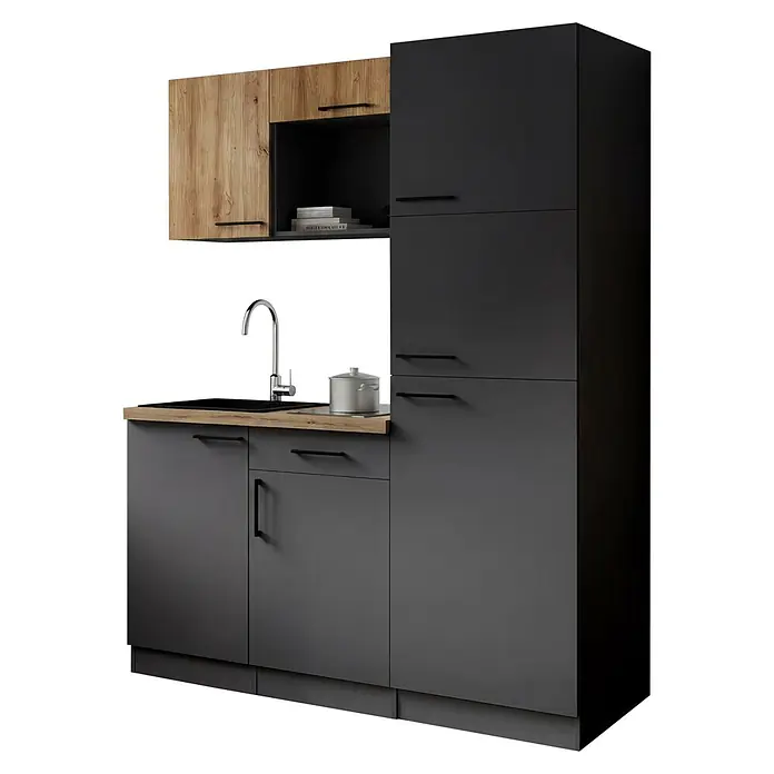 Respekta Oliver Singleküche - Breite: 160 cm, Grau/Holz, Kochfeld | Kühlschrank - Moderne Küchenzeile: anthrazitfarbene Unterschränke, helle Holz-Oberschränke, Holzplatte mit Spüle.