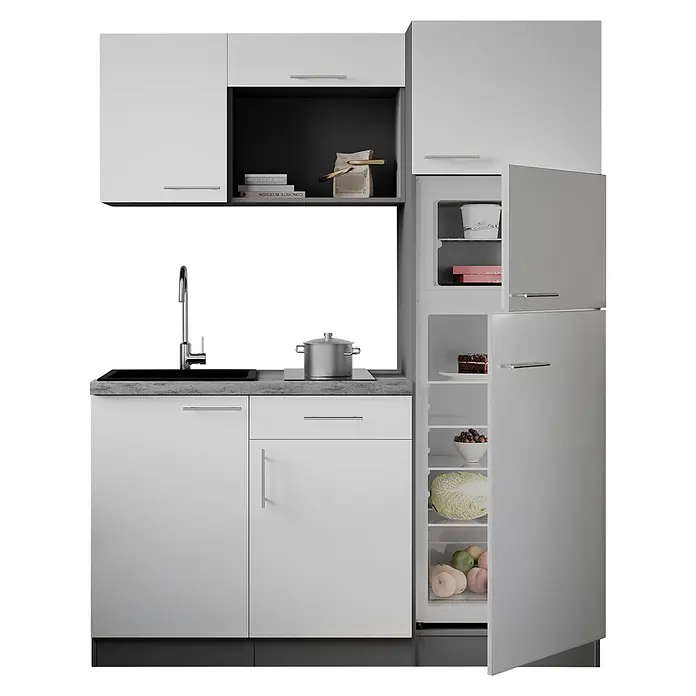 Respekta Oliver Singleküche - Breite: 160 cm, Weiß, Kochfeld | Kühlschrank - Moderne weiße Küchenzeile mit grauer Arbeitsplatte, Spüle, Herd und offenem Kühlschrank voller Lebensmittel.
