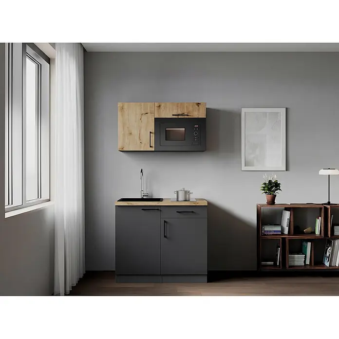 Respekta Oliver Miniküche - Breite: 100 cm, Grau/Holz, Kochfeld | Mikrowelle - Kompakte Küchenzeile mit dunkelgrauen Schränken, Holzoptik-Arbeitsplatte, integrierter Spüle, Kochfeld und schwarzer Mikrowelle.