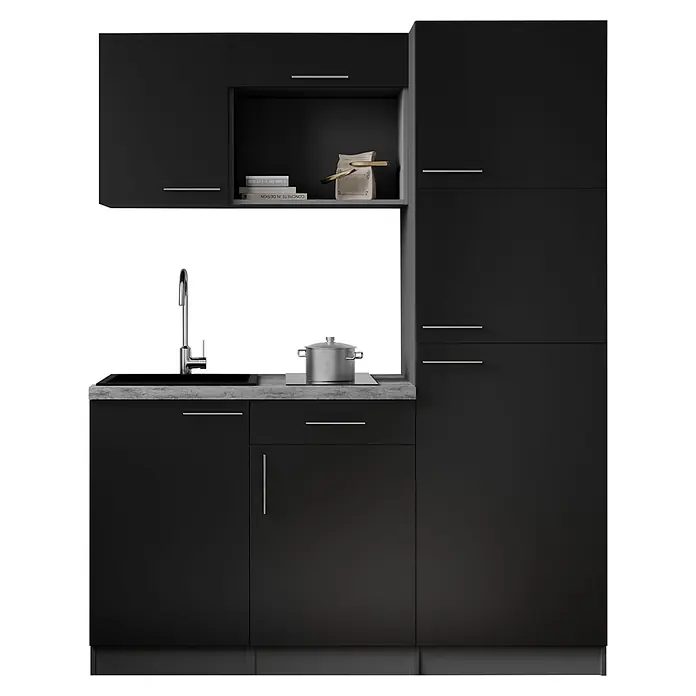 Respekta Oliver Singleküche - Breite: 160 cm, Schwarz, Kochfeld | Kühlschrank - Moderne schwarze Küchenzeile mit integriertem Spülbecken, Wasserhahn, Kochfeld und Schränken.