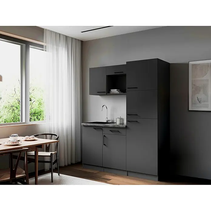 Respekta Oliver Singleküche - Breite: 160 cm, Grau, Kochfeld | Kühlschrank - Moderne dunkelgraue Küchenschränke mit Spüle und viel Stauraum, ideal für kleine Küchen.