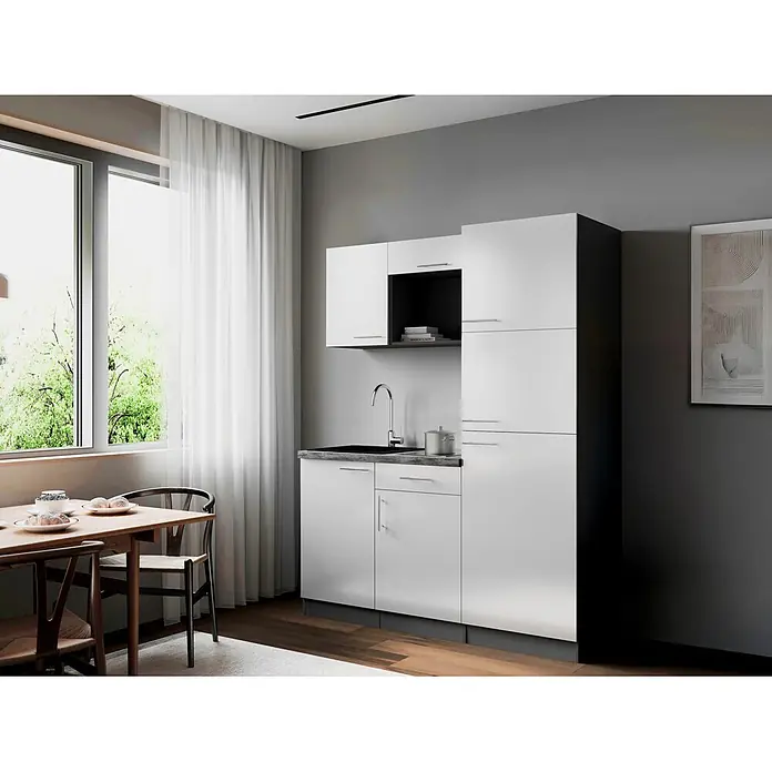 Respekta Oliver Singleküche - Breite: 160 cm, Weiß, Kochfeld | Kühlschrank - Moderne weiß-dunkelgraue Küchenzeile in einem hellen Raum mit Essbereich.