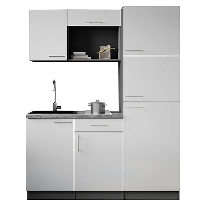 Respekta Oliver Singleküche - Breite: 160 cm, Weiß, Kochfeld | Kühlschrank - Moderne weiße Kompaktküchenzeile mit grauer Arbeitsplatte, integrierter Spüle und Kochfeld.