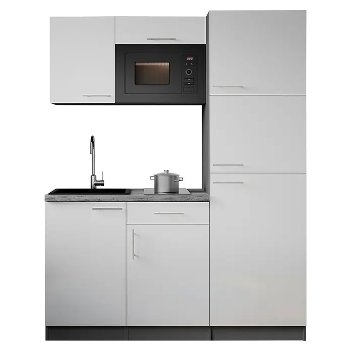 Respekta Oliver Singleküche - Breite: 160 cm, Weiß, Kochfeld | Kühlschrank | Mikrowelle - Moderne hellgraue Küche mit integrierter Mikrowelle, Spüle und Induktionskochfeld mit Topf.