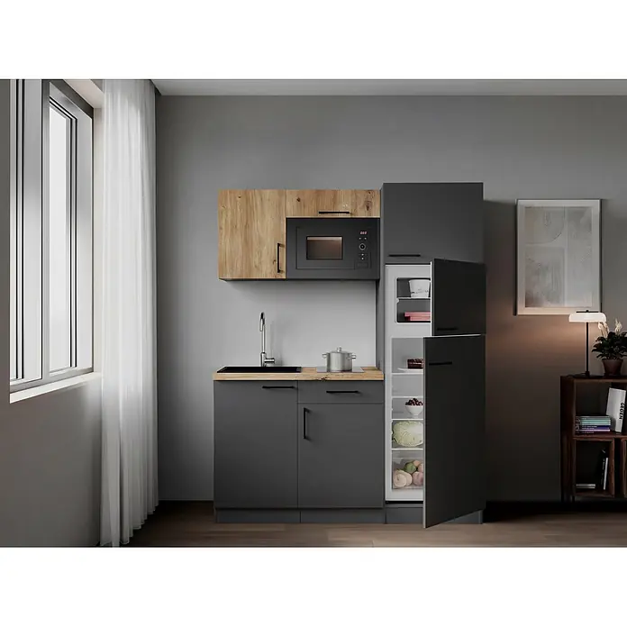 Respekta Oliver Singleküche - Breite: 160 cm, Grau/Holz, Kochfeld | Kühlschrank | Mikrowelle - Kompakte Küchenzeile mit dunkelgrauen und Holz-Optik-Schränken, integrierter Spüle, Mikrowelle und Kühlschrank in moderner Wohnung.
