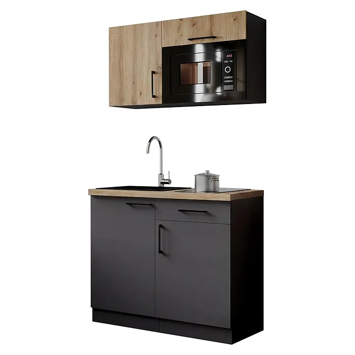 Respekta Oliver Miniküche - Breite: 100 cm, Grau/Holz, Kochfeld | Mikrowelle - Moderne Küchenschränke in heller Holzoptik und Dunkelgrau, mit integrierter Mikrowelle und Spüle.
