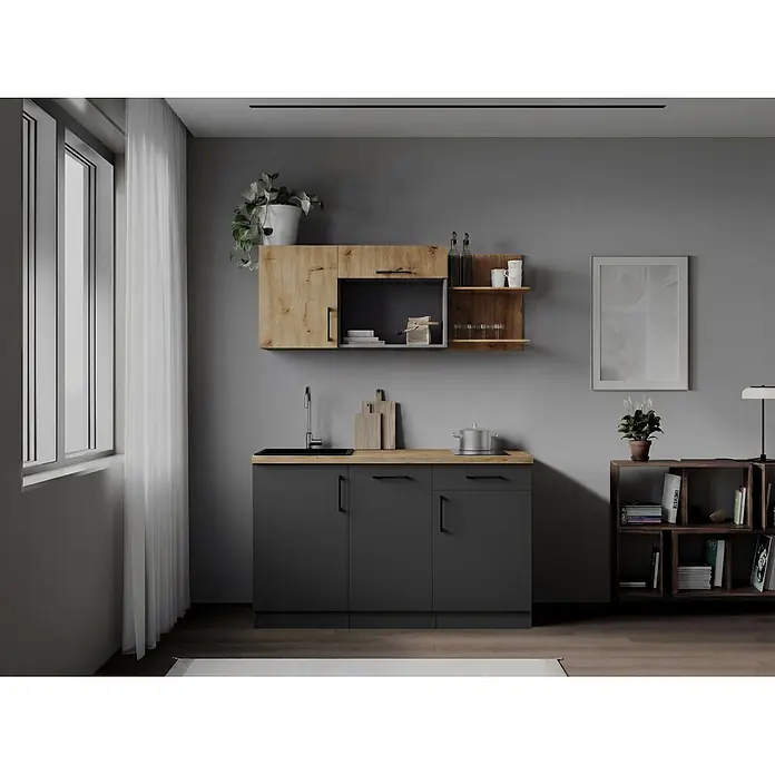 Respekta Oliver Miniküche - Breite: 145 cm, Grau/Holz, Kochfeld | Geschirrspüler - Moderne Miniküche mit dunkelgrauen Schränken, heller Holz-Arbeitsplatte, Spüle und Induktionskochfeld.
