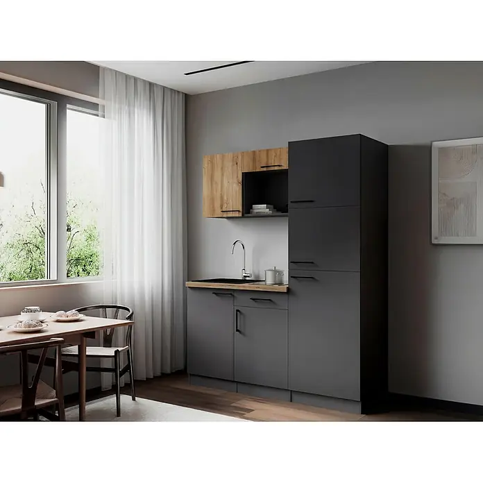 Respekta Oliver Singleküche - Breite: 160 cm, Grau/Holz, Kochfeld | Kühlschrank - Moderne Küchen- und Essbereich mit dunkelgrauen und Holzoptik-Schränken, hellem Holztisch und Stühlen in einem hellen Raum.