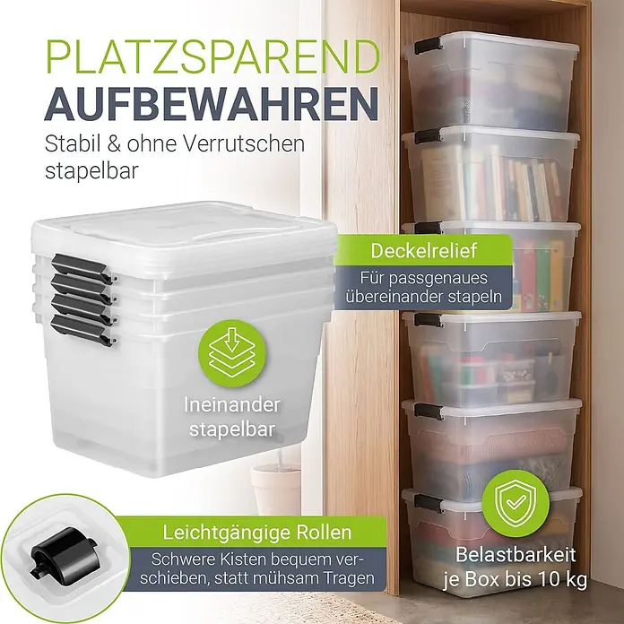 Juskys Aufbewahrungsbox-Set Aufbewahrungsbox - L x B x H: 58 x 43 x 34 cm, Kunststoff, Weiß, 4 Stk. - Transparente Kunststoff-Aufbewahrungsboxen mit schwarzen Griffen, stapelbar und mit Rollen, in einem Holzschrank organisiert.