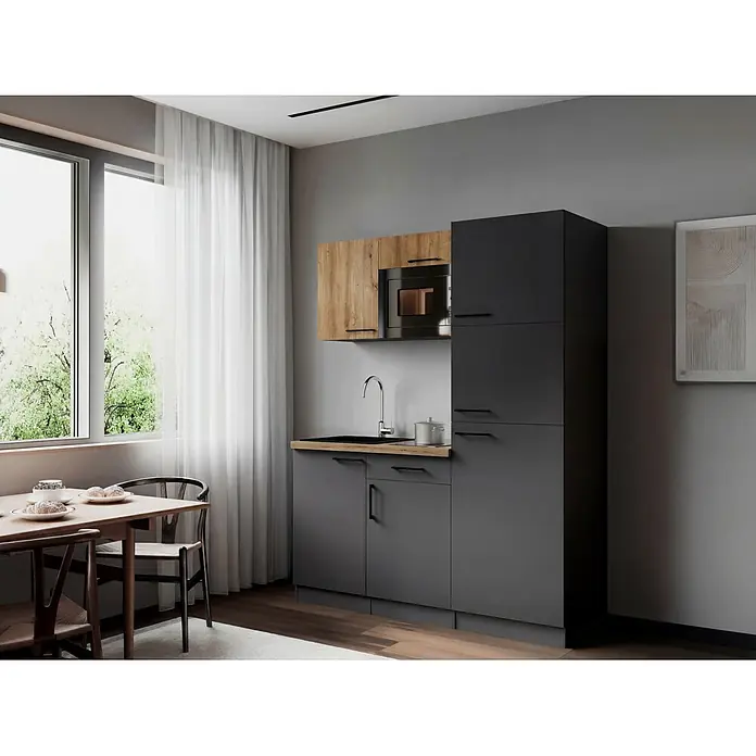 Respekta Oliver Singleküche - Breite: 160 cm, Grau/Holz, Kochfeld | Kühlschrank | Mikrowelle - Eine moderne Küche mit dunkelgrauen und Holzschränken, Spüle und einem Essbereich mit Holztisch und Stühlen.