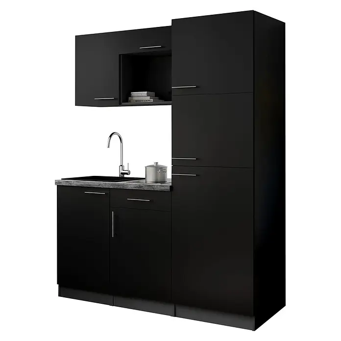 Respekta Oliver Singleküche - Breite: 160 cm, Schwarz, Kochfeld | Kühlschrank - Schwarze kompakte Küchenzeile mit integrierter Spüle, Wasserhahn, grauer Arbeitsplatte und Ober-/Unterschränken.