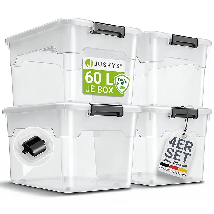 Juskys Aufbewahrungsbox-Set Aufbewahrungsbox - L x B x H: 58 x 43 x 34 cm, Kunststoff, Weiß, 4 Stk. - Vier transparente 60L Kunststoff-Aufbewahrungsboxen mit dunkelgrauen Verschlüssen und Rollen, gestapelt gezeigt.