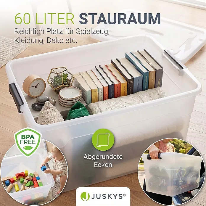 Juskys Aufbewahrungsbox-Set Aufbewahrungsbox - L x B x H: 58 x 43 x 34 cm, Kunststoff, Weiß, 4 Stk. - Eine große, transparente Kunststoff-Aufbewahrungsbox, gefüllt mit Büchern und Deko. Sie fasst 60 Liter; Insets zeigen Spielzeug und Campingausrüstung.