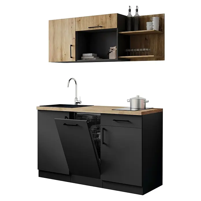 Respekta Oliver Miniküche - Breite: 145 cm, Grau/Holz, Kochfeld | Geschirrspüler - Moderne Küchenzeile: Helle Holz-Oberschränke & Arbeitsplatte, schwarze Unterschränke, integrierte Spüle, Kochfeld und offener Geschirrspüler.