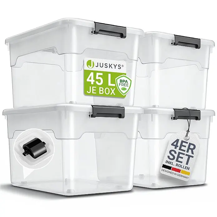 Juskys Aufbewahrungsbox-Set Aufbewahrungsbox - L x B x H: 52 x 38 x 30 cm, Kunststoff, Weiß, 4 Stk. - 4er Set transparenter BPA-freier 45L Kunststoff-Aufbewahrungsboxen mit dunkelgrauen Verschlüssen und Rollen.