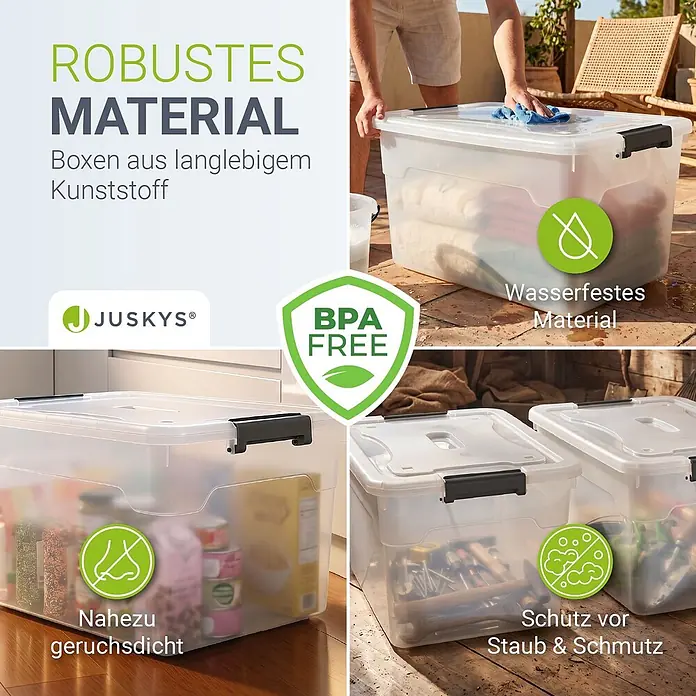 Juskys Aufbewahrungsbox-Set Aufbewahrungsbox - L x B x H: 58 x 43 x 34 cm, Kunststoff, Weiß, 6 Stk. - Transparente, robuste, BPA-freie Kunststoff-Aufbewahrungsboxen mit schwarzen Verschlüssen, wasserdicht, geruchsdicht und staubgeschützt.