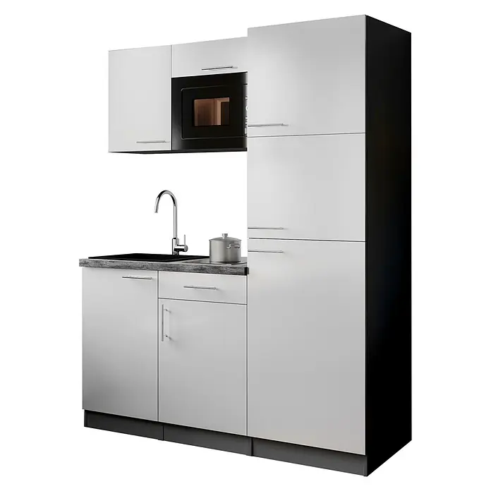 Respekta Oliver Singleküche - Breite: 160 cm, Weiß, Kochfeld | Kühlschrank | Mikrowelle - Weiße und schwarze Küchenzeile mit Mikrowelle, Spüle und Chromarmatur.