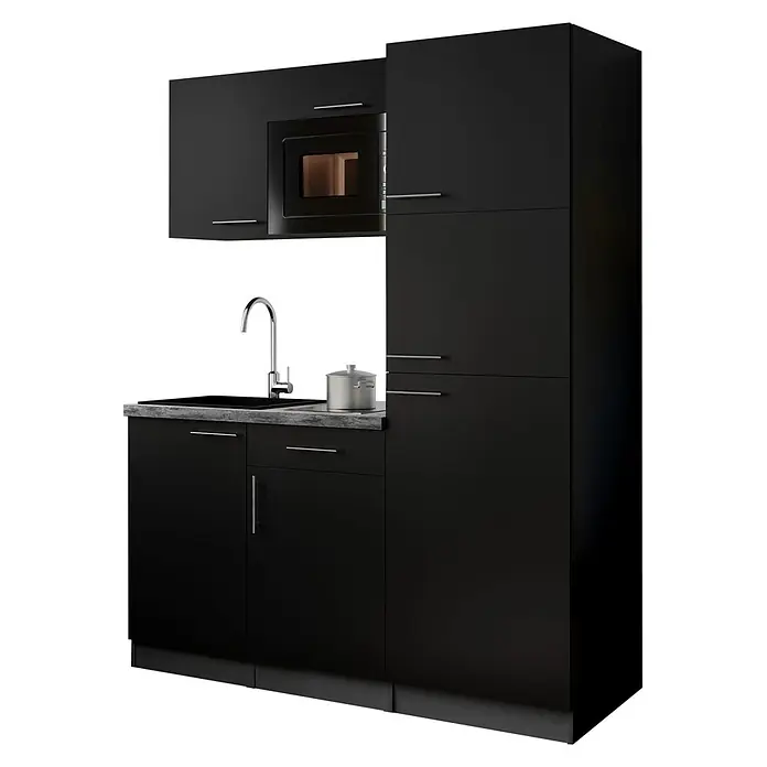Respekta Oliver Singleküche - Breite: 160 cm, Schwarz, Kochfeld | Kühlschrank | Mikrowelle - Schwarze Küchenzeile mit integrierter Mikrowelle, Spüle und verschiedenen Schränken.