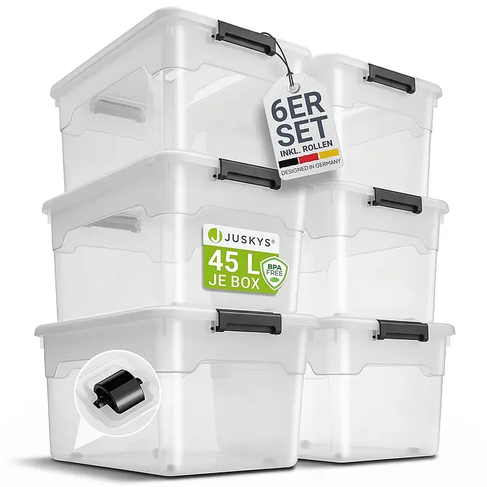 Juskys Aufbewahrungsbox-Set Aufbewahrungsbox - L x B x H: 52 x 38 x 30 cm, Kunststoff, Weiß, 6 Stk. - Gestapeltes Set von sechs transparenten Kunststoff-Aufbewahrungsboxen mit schwarzen Griffen/Verschlüssen und Rollen.